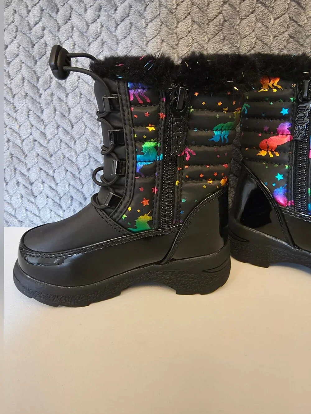 Black Kids Winter Boots with Rainbow Unicorns- Size 6